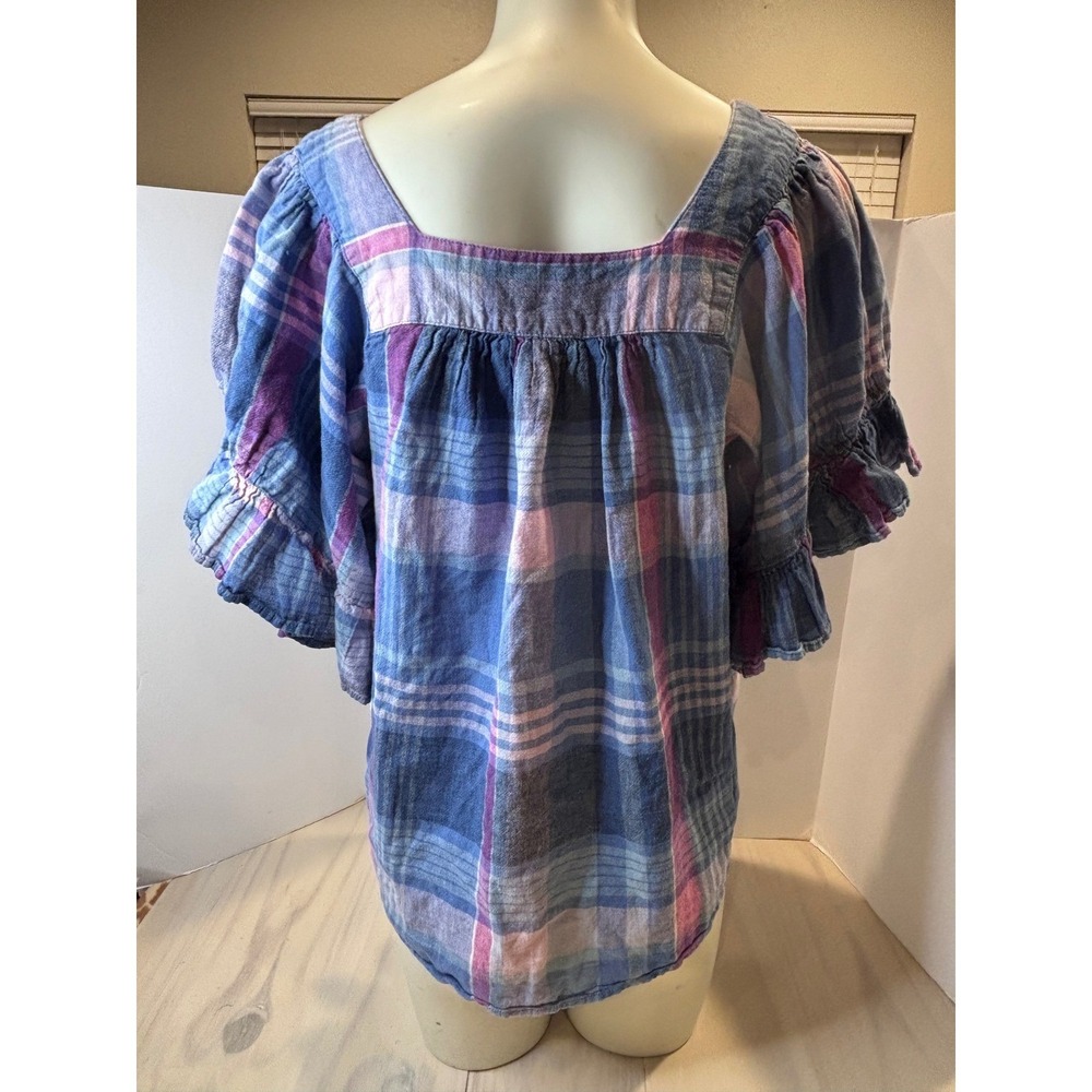 Beach Lunch Lounge Blue Purple Plaid Linen Cotton Square Neck Ruffle Top Large - Picture 2 of 13